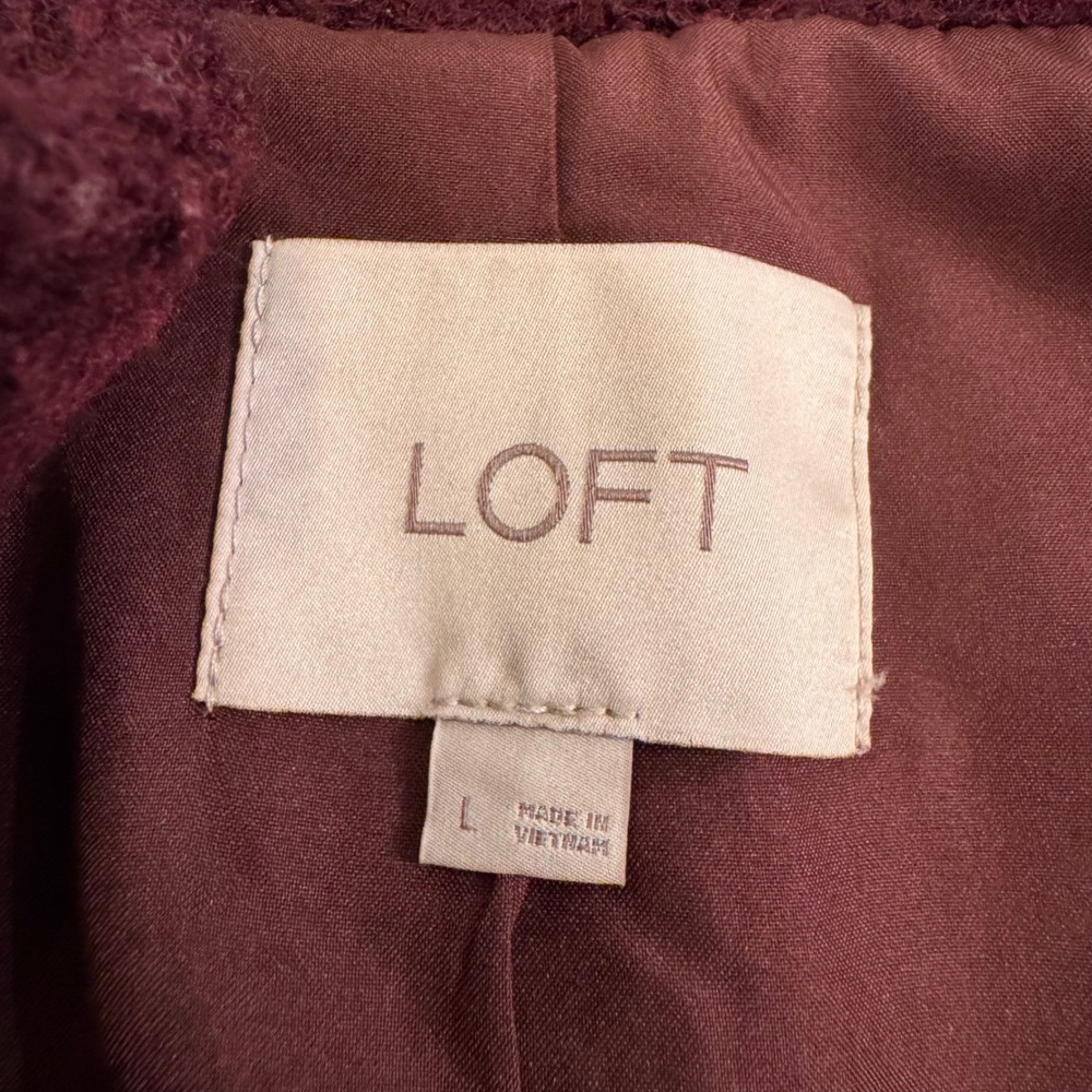 LOFT Burgundy Boucle Long Coat Gold Hardware Funnel Neck Fall Jacket SZ L - Picture 9 of 14